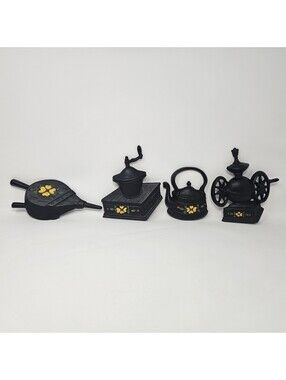 Vntg Lot 4 Midwest #37 Black Metal Kitchen Wall Plaque Set Coffee Grinder Kettle
